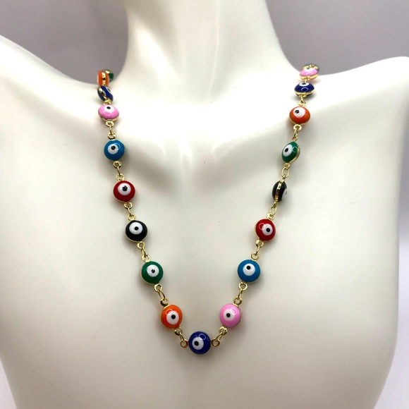 Enamel Multi Colored Evil Eyes Necklace - Picture 1 of 7
